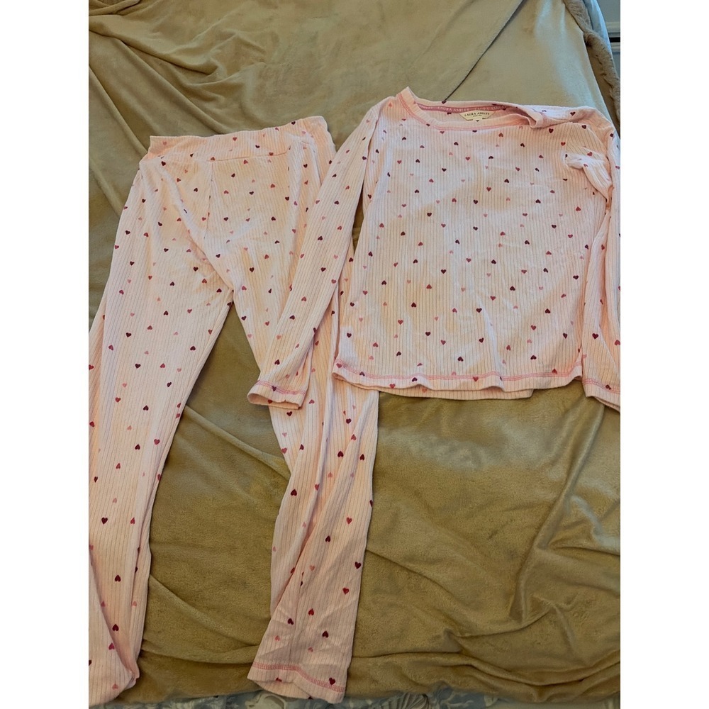 Laura Ashley Pink Heart Print Ribbed Pajama Set Long Sleeve Small 1135-168